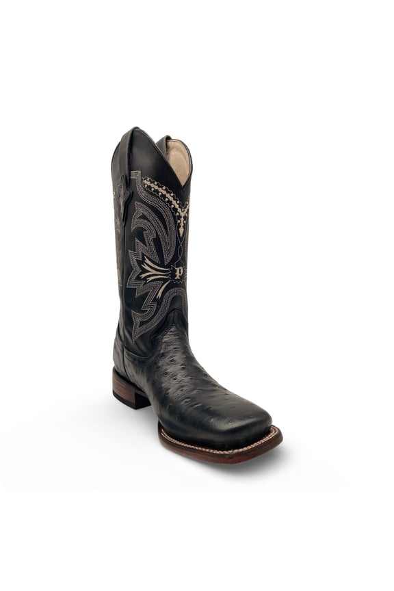 Men’s Leather Cowboy Boot Square Toe Embossed Ostrich Print Western Boot