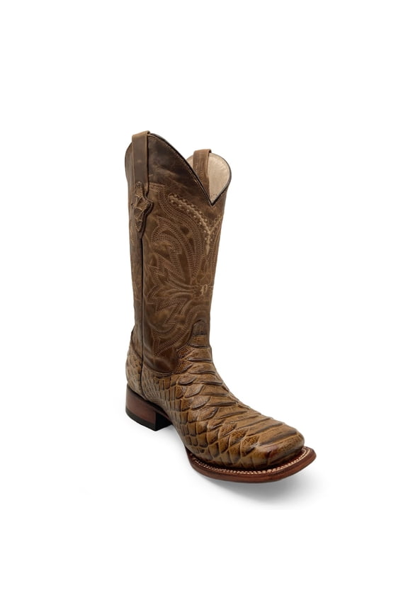 Men’s Leather Cowboy Boot Square Toe Embossed Python Print