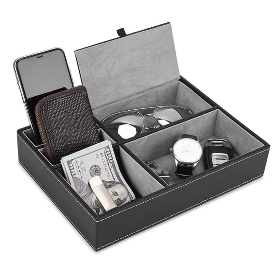 Men's Leather Desk Organizer 5-Section Valet Tray for Watch, Phone, Keys, Wallet, Accessories, Nightstand Dresser Storage Box