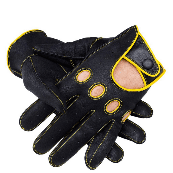 Men’s Leather Driving Gloves, Biking Gloves Made With Genuine Leather, Black With Yellow Trim Pipping Small