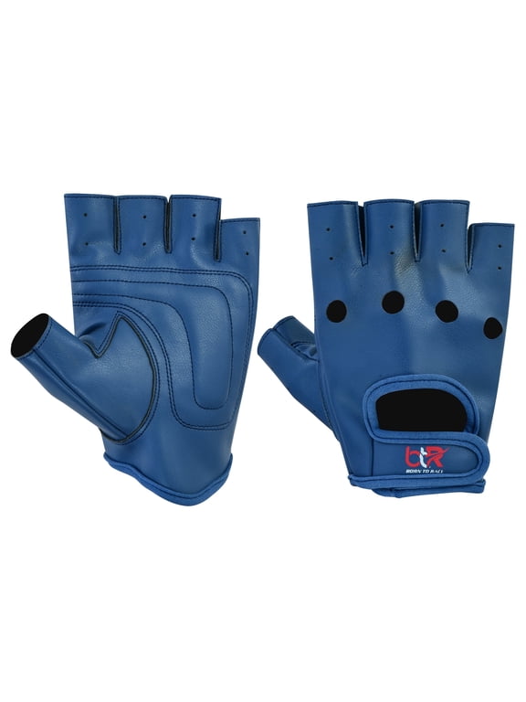 Men's Fingerless Driving Gloves - PU Leather, Vegan, Half-Finger Classic Style, Navy Blue, Size M