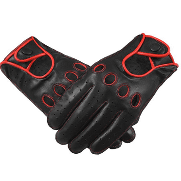 Men's Leather Driving Gloves With Knuckle Holes, Black With Red Pipping