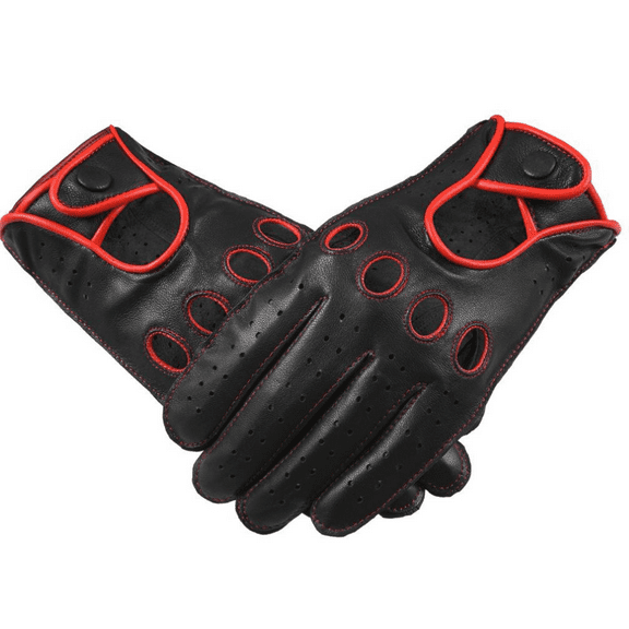 Men's Leather Driving Gloves With Knuckle Holes, Black With Red Pipping