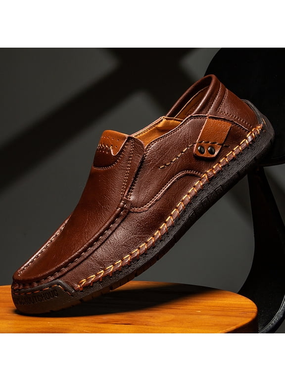 Men's Leather Driving Walking Shoes,Vintage Lightweight Comfort Slip-On Flat Moccasin Dress Oxford Casual Boat Loafers