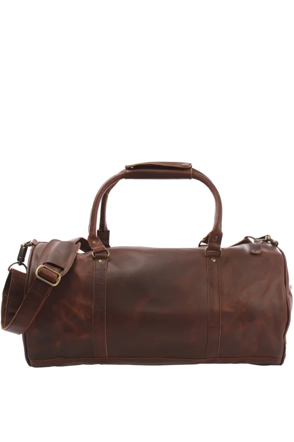 Mens Duffle Bag Full-Grain Leather, Adjustable Strap, Brown, 23-Inch