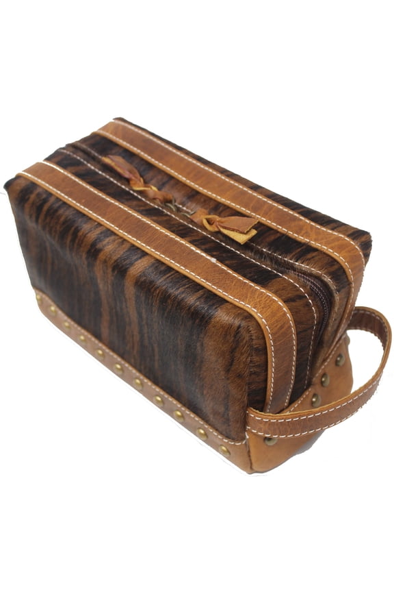 Men's Leather Hair-on Travel Toiletry Organizer Shaving Dopp Kit Bag 18RT02