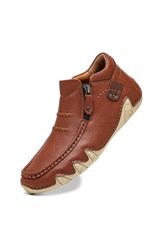 Men's Leather Hand Stitching High Top Ankle Boots Comfort On Orthopedic Leather Boots Men Side Zipper Driving Hiking Casual Non- Waterproof Driving Chukka Boots