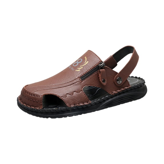 Men's Leather Hollow Out Flat Sandals Non-Slip Closed Round Toe Adjustable Strap Zipper Rubber Sole Shoes Hand Stitching Soft Anti-Slip Breathable Driving Hiking Sport Shoes,Brown 40(US-7.5)