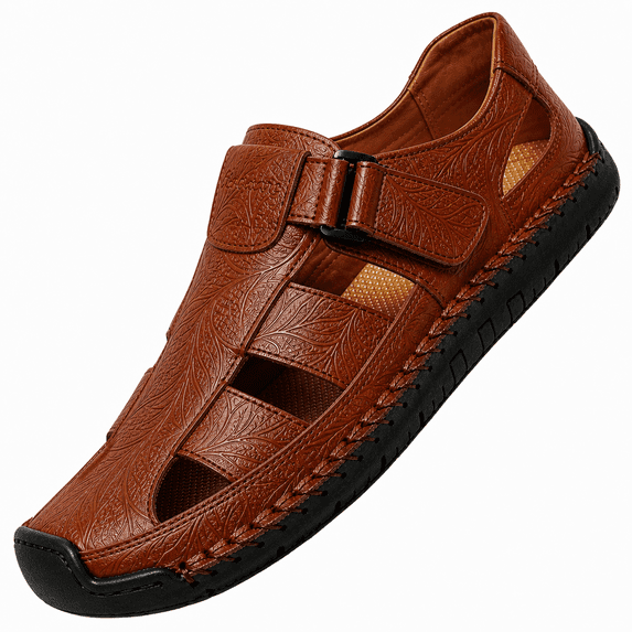 Men's Leather Hollow Out Hook Loop Flat Fisherman Sandals Closed Toe Head Soft Bottom Hand Stitching Wading Sandals Summer Comfort Anti-Slip Casual Wading Beach Sandals