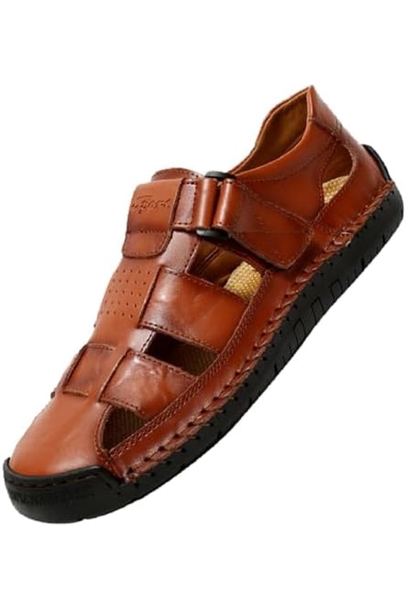 Men's Leather Hollow Out Hook Loop Flat Fisherman Sandals Closed Toe Head Soft Bottom Hand Stitching Wading Sandals Summer Comfort Anti-Slip Casual Wading Beach Sandals