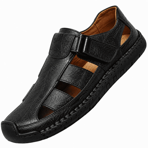 Men's Leather Hollow Out Hook Loop Flat Fisherman Sandals Closed Toe Head Soft Bottom Hand Stitching Wading Sandals Summer Comfort Anti-Slip Casual Wading Beach Sandals