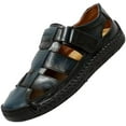 thumbnail image 1 of Men's Leather Hollow Out Hook Loop Flat Fisherman Sandals Closed Toe Head Soft Bottom Hand Stitching Wading Sandals Summer Comfort Anti-Slip Casual Wading Beach Sandals, 1 of 11