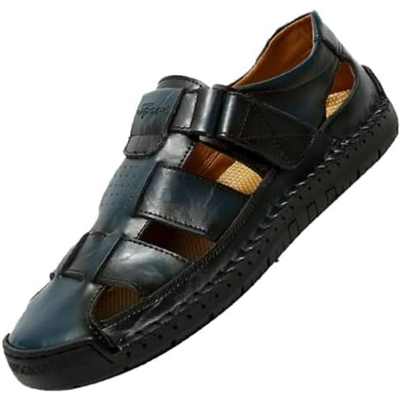 Men's Leather Hollow Out Hook Loop Flat Fisherman Sandals Closed Toe Head Soft Bottom Hand Stitching Wading Sandals Summer Comfort Anti-Slip Casual Wading Beach Sandals