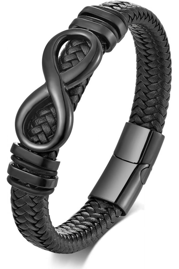 Men's Leather Infinity Bracelet Stainless Steel Number 8 Wristband Cuff Bangle Bracelets Gifts for Men, 8.3/9.1 inches