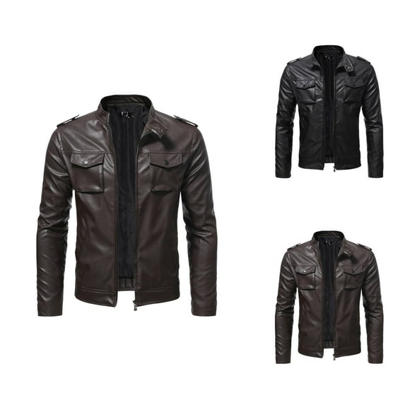 Men's Leather Jacket 2025 Fall Winter Long Sleeve Slim Fit Stand Collar Zip Up Jacket with Pockets Outerwear Coat