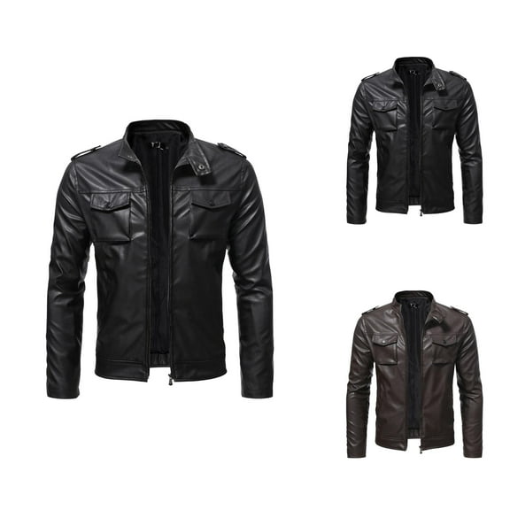 Men's Leather Jacket 2025 Fall Winter Long Sleeve Slim Fit Stand Collar Zip Up Jacket with Pockets Outerwear Coat