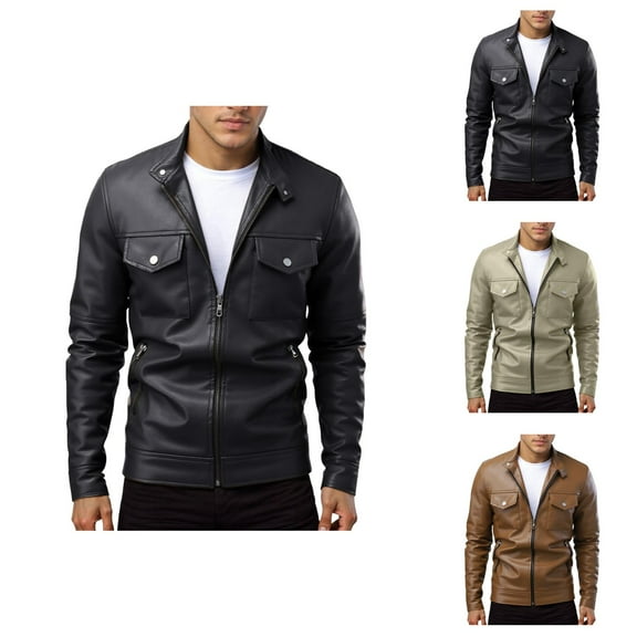Men's Leather Jacket 2025 Lightweight Slim Fit Long Sleeve Collared Zip Up Jacket with Pockets Outerwear Coat