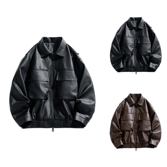 Men's Leather Jacket 2025 Long Sleeve Outdoor Casual Zip Up Collared Jacket with Pockets Slim Fit Outerwear Coat