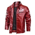 thumbnail image 1 of Men's Leather Jacket Autumn Winter Stand Collar Slim Fit Motorcycle Coat with Side Pockets, 1 of 2