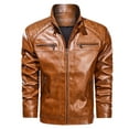 thumbnail image 1 of Men's Leather Jacket Autumn Winter Stand Collar Slim Fit Motorcycle Coat with Side Pockets, 1 of 2