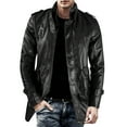 thumbnail image 1 of Men's Leather Jacket Fall Winter Thick Leather Lined Jackets Medium Long Trench Coat Stand Collar Motorcycle Outerwear 3XL, 1 of 5
