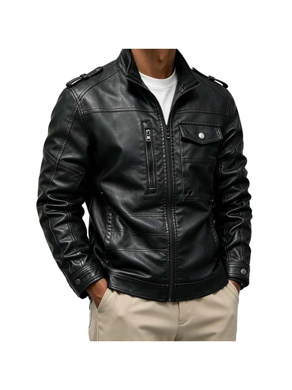 Men's Leather Jacket, Motorcycle Black Biker Jackets, Vintage Faux Leather Outwear, Casual Lightweight