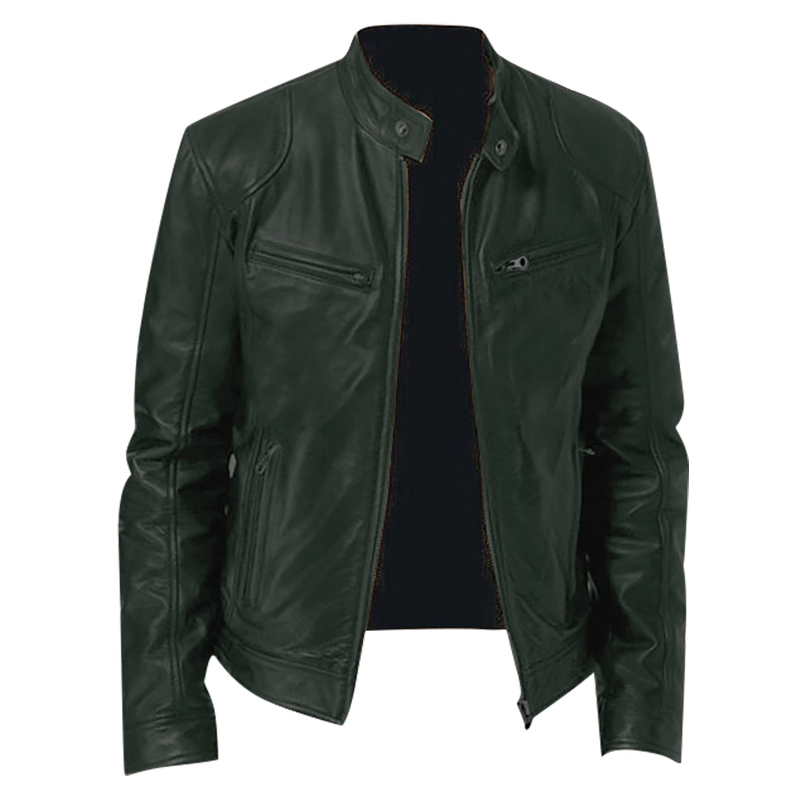 Men's Leather Jacket, Solid Color Long Sleeve Slim Casual Biker Coat for Fall Winter Motorcycle Ride and Outdoor Wear,Army Green,S