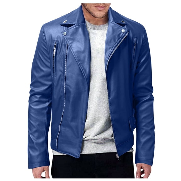 Men's Leather Jacket, Solid Color Long Sleeve Slim Casual Biker Coat for Fall Winter Motorcycle Ride and Outdoor Wear,Blue,S