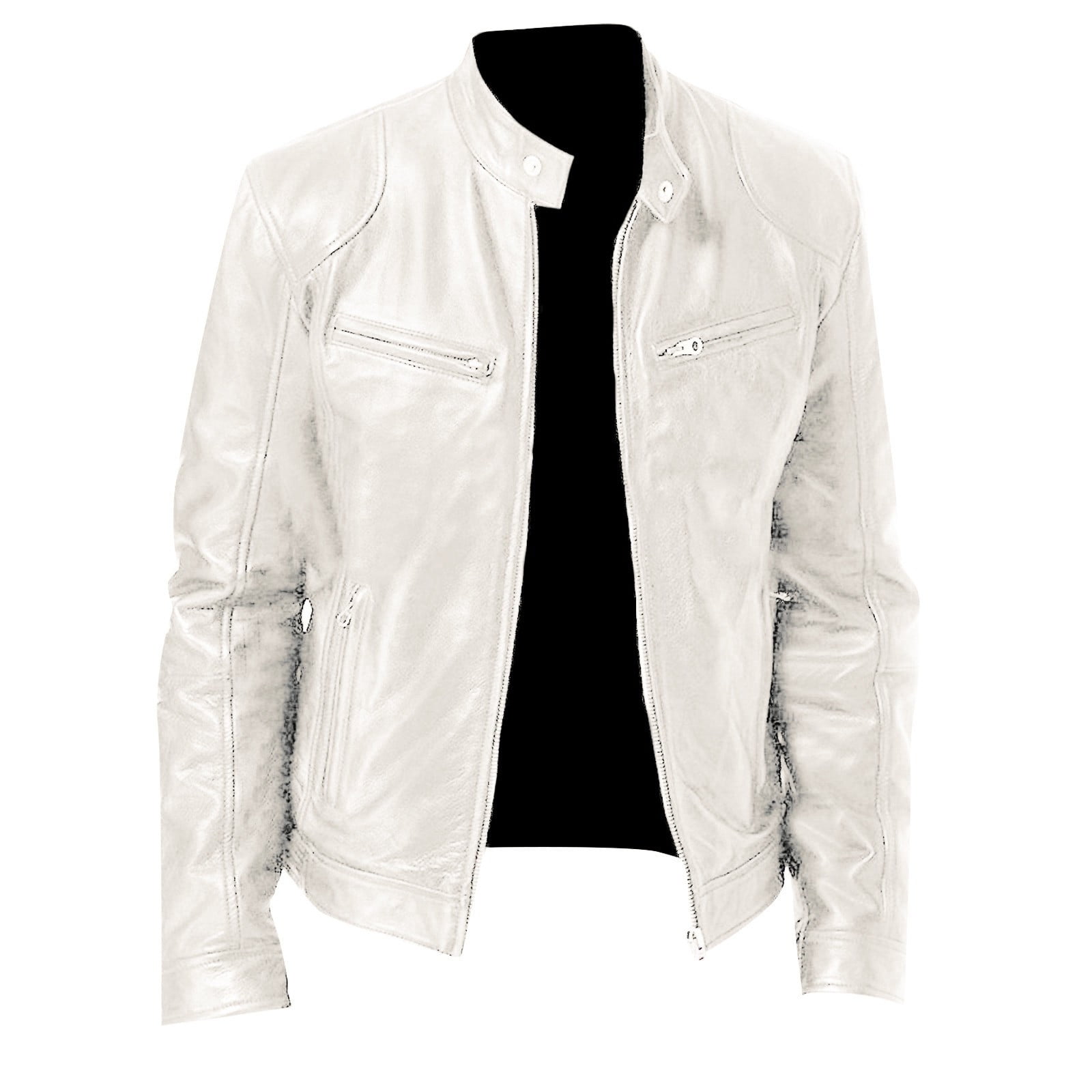 Men's Leather Jacket, Solid Color Long Sleeve Slim Casual Biker Coat for Fall Winter Motorcycle Ride and Outdoor Wear,White,XL