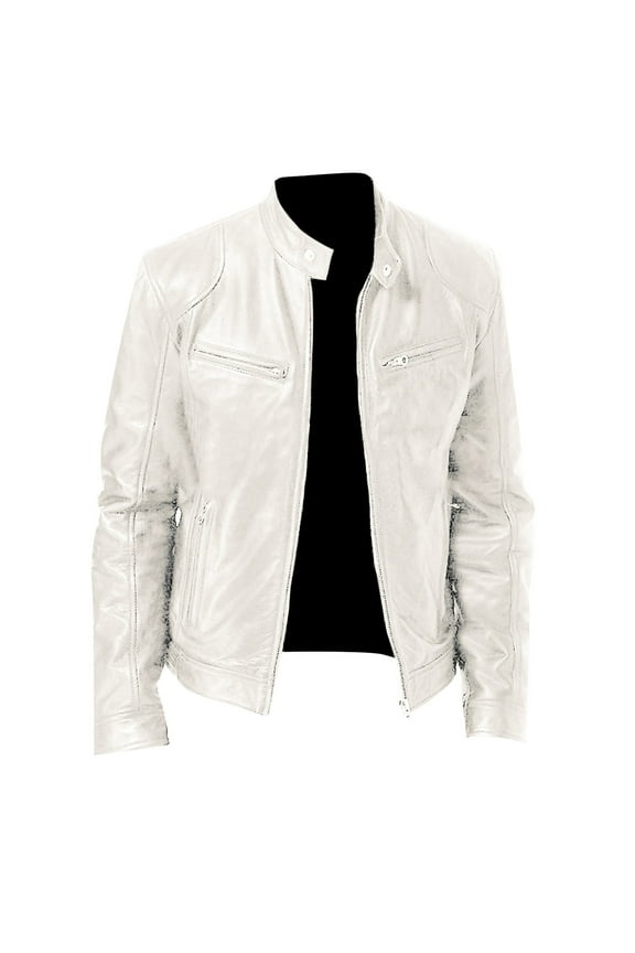 Men's Leather Jacket, Solid Color Long Sleeve Slim Casual Biker Coat for Fall Winter Motorcycle Ride and Outdoor Wear,White,XL