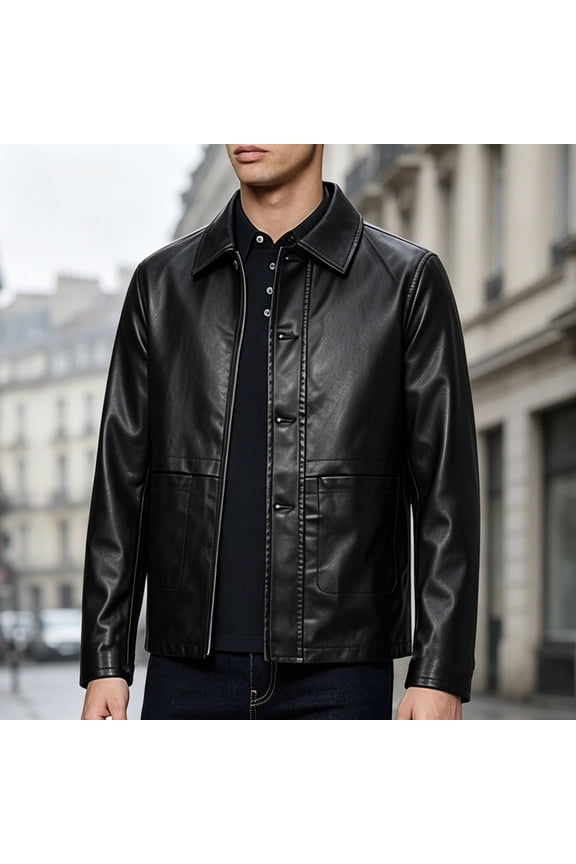 Men's Leather Jacket Spring and Autumn Winter Blazer Lapel PU Faux Leather Suit Coats Motorcycle Jacket Button Smart Casual Biker Style Jacket Black XL