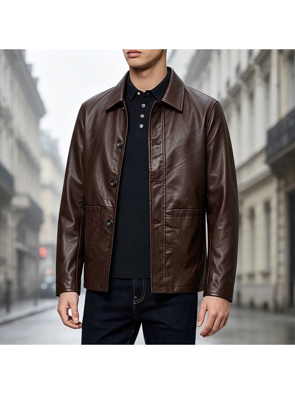 Men's Leather Jacket Spring and Autumn Winter Blazer Lapel PU Faux Leather Suit Coats Motorcycle Jacket Button Smart Casual Biker Style Jacket Coffee XL