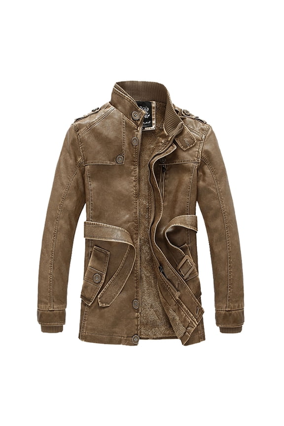 Men's Leather Jacket Stand Collar Medium Length Coat Warm Padded Outerwear Casual Winter Fashion