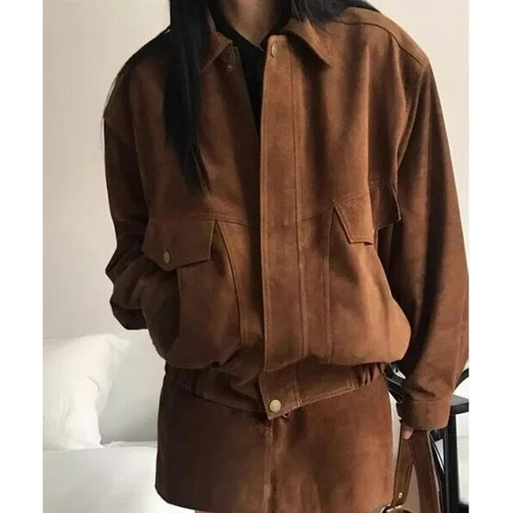 Women's Brown Genuine Suede Leather Jacket Bomber Oversized Biker Leather Jacket