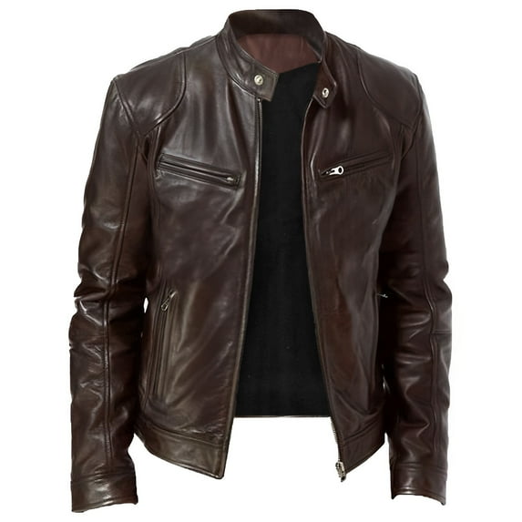 Men's Leather Jacket for Autumn Winter Fashion Motorcycle Outerwear with Zip Closure and Stand Collar