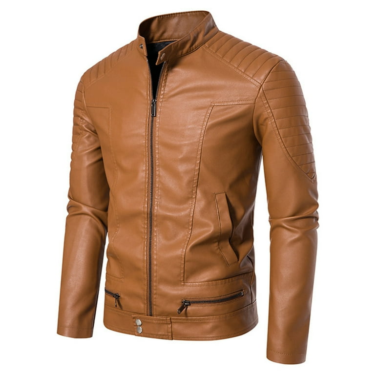 Men s Leather Jackets Mens Spring And Autumn Solid Color Zip PU Leather Jacket Short Lapel Motorcycle Leather Jacket Coat Walmart