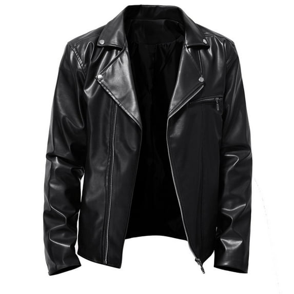 Men's Leather Jackets Vintage Full Zipper Turndown Collar Coat Solid Color Long Sleeve Motorcycle Jacket Black S