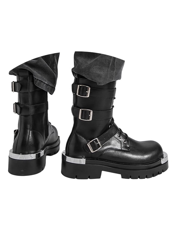 Men's Leather Lace Up Platform Combat Boots with Multiple Buckle Side Zip Heel Goth Motorcycle Trendy Round Toe Lug Sole Non Comfort Y2K Boots for Motorcycle Rides Daily Work