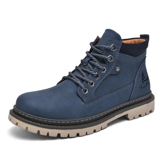 Men's Leather Lace-Up Hiking Boots Outdoor Waterproof Casual Ankle Boots Non-Slip Trekking Camping Snow Boots Blue 10 US