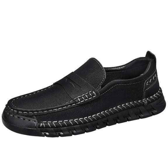 Men's Leather Loafers Comfortable Casual Slip-On Round Toe Shoes Hand-Stitched Non-Slip Daily Driving Office Walking Shoes Black 10.5 US