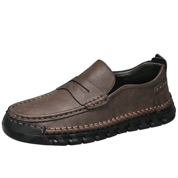 Men's Leather Loafers Comfortable Casual Slip-On Round Toe Shoes Hand-Stitched Non-Slip Daily Driving Office Walking Shoes Brown 10.5 US