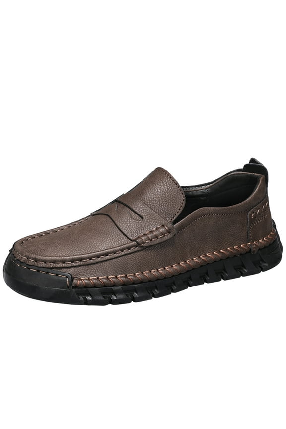 Men's Leather Loafers Comfortable Casual Slip-On Round Toe Shoes Hand-Stitched Non-Slip Daily Driving Office Walking Shoes Brown 10.5 US