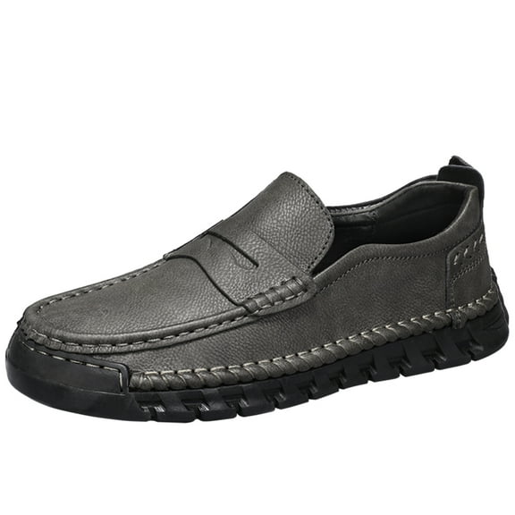 Men's Leather Loafers Comfortable Casual Slip-On Round Toe Shoes Hand-Stitched Non-Slip Daily Driving Office Walking Shoes Gray 10.5 US