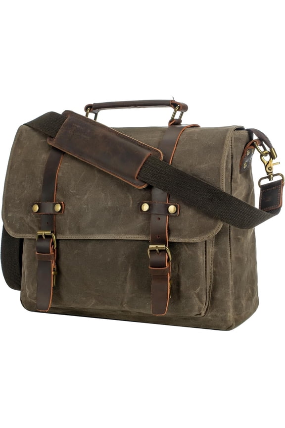 Men's Leather Messenger Bag 15.6 inch Laptop Briefcase, Waxed Canvas & , Business Satchel