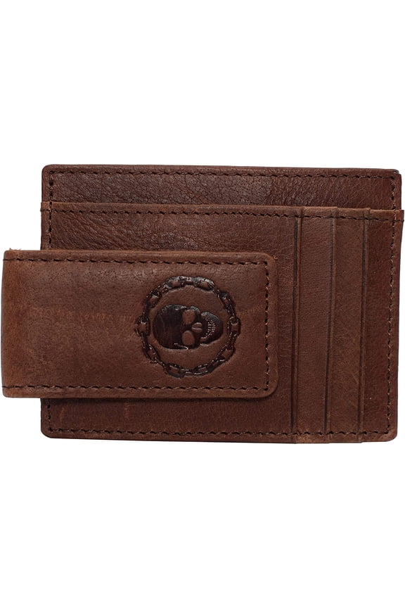 Men's Leather Minimalist Magnetic Card Case with Money Clip Front Pocket Logo Wallet Skull Chain