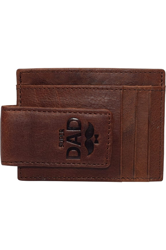 Men's Leather Minimalist Magnetic Card Case with Money Clip Front Pocket Logo Wallet Super Dad
