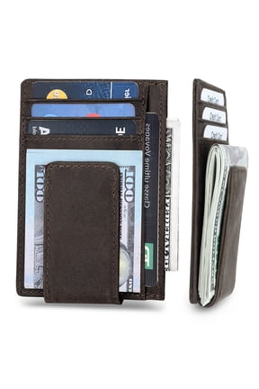 Men's Leather Money Clip, TSV RFID Blocking Wallet, Slim and Magnetic Card Holder, Minimalist Card Case, Coffee