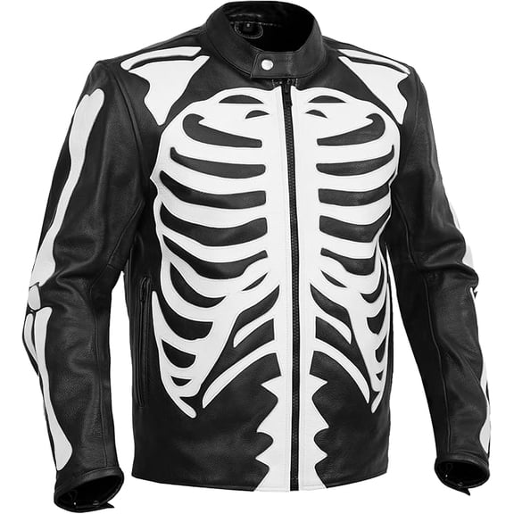 Men’s Leather Motorcycle Jacket – Black Cowhide Jacket with White Skeleton Design, Stand-Up Collar, Quilted Liner & Zipper Closure