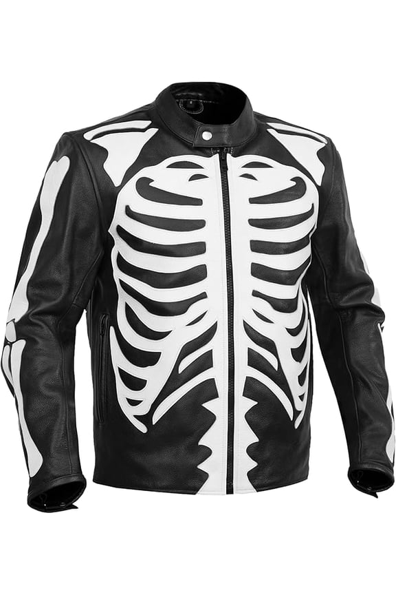 Men’s Leather Motorcycle Jacket – Black Cowhide Jacket with White Skeleton Design, Stand-Up Collar, Quilted Liner & Zipper Closure