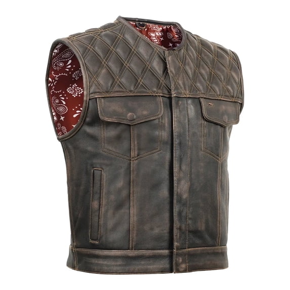Men's Leather Motorcycle Vest – Club Style Biker Vest with Breathable Panels and Multiple Pockets